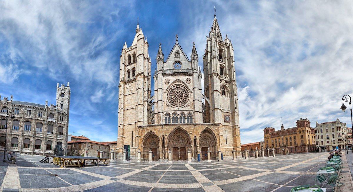 Panorama of Plaza de Regla and Leon Cathedral, Spain